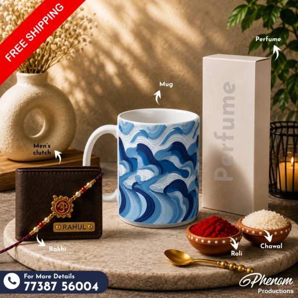 Blue wave mug hamper showcasing a custom engraved wallet, ceramic mug, perfume, Rakhi, roli, and chawal Flat lay setup of the blue wave mug hamper featuring festive accessories and personalized items