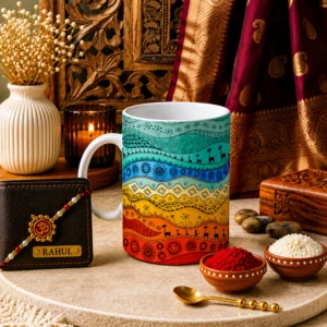 Boho folk art mug hamper showcasing a custom engraved wallet, artistic ceramic mug, Rakhi, roli, and chawal Flat lay setup of the boho folk art mug hamper featuring cultural festive accessories and personalized items