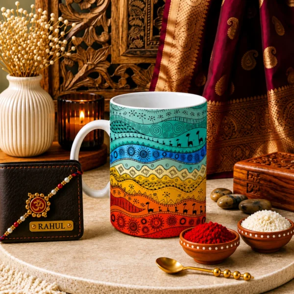 Boho folk art mug hamper showcasing a custom engraved wallet, artistic ceramic mug, Rakhi, roli, and chawal Flat lay setup of the boho folk art mug hamper featuring cultural festive accessories and personalized items