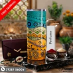 Boho folk art tumbler hamper showcasing a custom engraved clutch, boho tumbler, perfume, Rakhi, roli, and chawal Flat lay setup of the boho folk art tumbler hamper featuring cultural festive accessories and personalized items