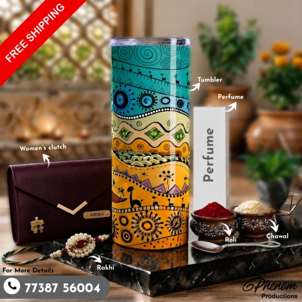 Boho folk art tumbler hamper showcasing a custom engraved clutch, boho tumbler, perfume, Rakhi, roli, and chawal Flat lay setup of the boho folk art tumbler hamper featuring cultural festive accessories and personalized items