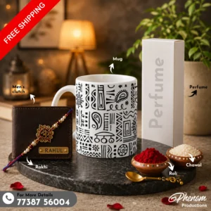 Doodle art mug hamper showcasing a custom engraved wallet, doodle ceramic mug, perfume, Rakhi, roli, and chawal Flat lay setup of the doodle art mug hamper featuring creative graphic accessories and personalized items