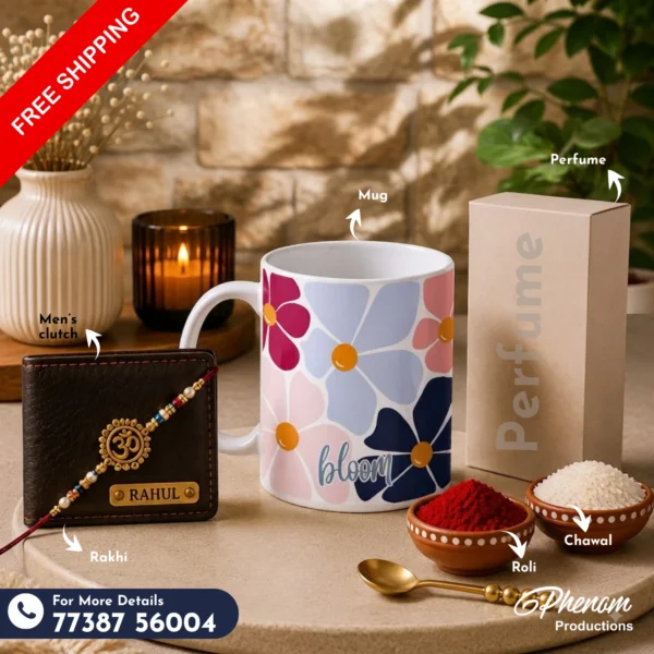 Floral bloom mug hamper showcasing a custom engraved wallet, floral ceramic mug, perfume, Rakhi, roli, and chawal Flat lay setup of the floral bloom mug hamper featuring bright botanical accessories and personalized items