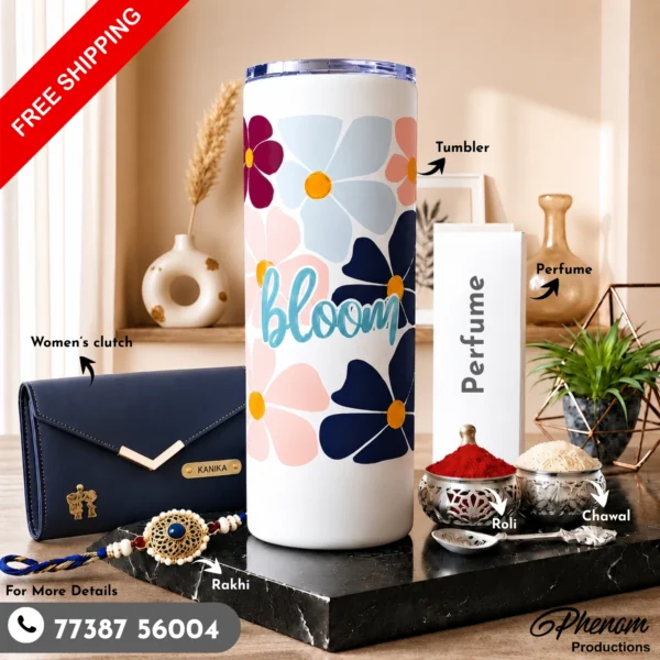 Floral bloom tumbler hamper showcasing a personalized blue clutch and pastel floral insulated tumbler Complete display of the floral bloom tumbler hamper with festive roli, chawal, and luxury perfume