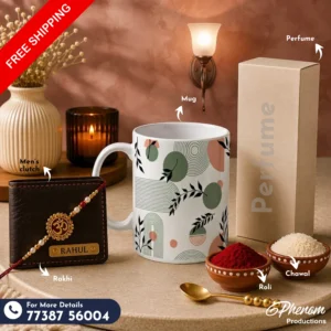 Minimalist botanical mug hamper showcasing a custom engraved wallet, botanical ceramic mug, perfume, Rakhi, roli, and chawal Flat lay setup of the minimalist botanical mug hamper featuring subtle earth-toned accessories and personalized items