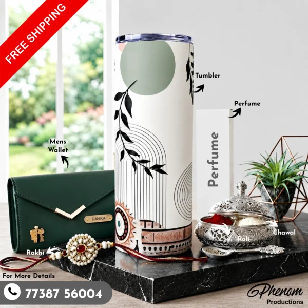Minimalist botanical tumbler hamper showcasing a personalized green wallet and botanical insulated tumbler Complete display of the minimalist botanical tumbler hamper with decorative roli, chawal, and luxury perfume
