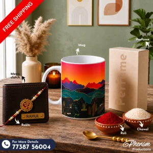 Sunset mountain mug hamper showcasing a custom engraved wallet, mountain ceramic mug, perfume, Rakhi, roli, and chawal Flat lay setup of the sunset mountain mug hamper featuring landscape-inspired accessories and personalized items