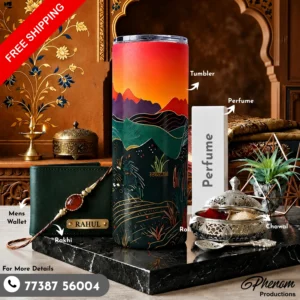 Sunset mountain tumbler hamper showcasing a custom engraved wallet, scenic tumbler, perfume, Rakhi, roli, and chawal Flat lay setup of the sunset mountain tumbler hamper featuring landscape-inspired accessories and personalized items