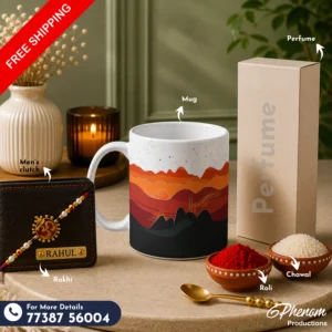 Terracotta hills mug hamper showcasing a custom engraved wallet, terracotta mug, perfume, Rakhi, roli, and chawal Flat lay setup of the terracotta hills mug hamper featuring warm landscape-inspired accessories and personalized items