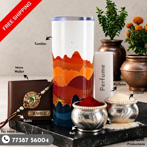 Terracotta hills tumbler hamper showcasing a custom engraved wallet, terracotta tumbler, perfume, Rakhi, roli, and chawal Flat lay setup of the terracotta hills tumbler hamper featuring warm landscape-inspired accessories and personalized items