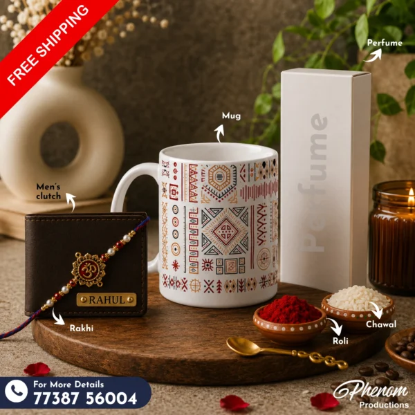 Tribal art mug hamper showcasing a custom engraved wallet, tribal ceramic mug, perfume, Rakhi, roli, and chawal Flat lay setup of the tribal art mug hamper featuring ethnic heritage accessories and personalized items
