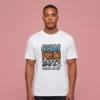 A man wearing a white t-shirt featuring the Chai Premi 24/7 Fueling The Day graphic.