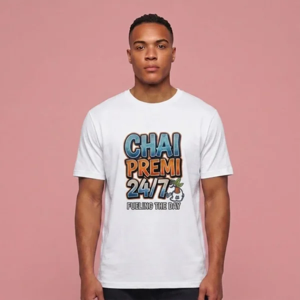 A man wearing a white t-shirt featuring the Chai Premi 24/7 Fueling The Day graphic.