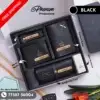 Black mens wallet hamper featuring a custom engraved wallet, passport cover, keychain, and sunglasses case Unboxing layout of the black mens wallet hamper showcasing personalized leather accessories and mini perfume