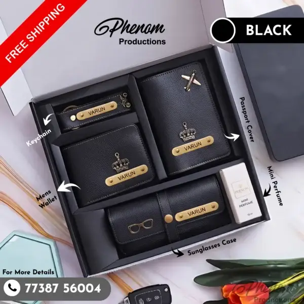 Black mens wallet hamper featuring a custom engraved wallet, passport cover, keychain, and sunglasses case Unboxing layout of the black mens wallet hamper showcasing personalized leather accessories and mini perfume