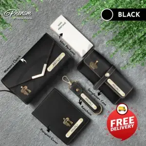 Black women's wallet hamper featuring a custom engraved clutch, passport cover, keychain, and sunglasses case Unboxing layout of the black women's wallet hamper showcasing personalized leather accessories and mini perfume
