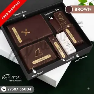 Brown mens wallet hamper featuring a custom engraved wallet, passport cover, keychain, and sunglasses case Unboxing layout of the brown mens wallet hamper showcasing personalized leather accessories and mini perfume