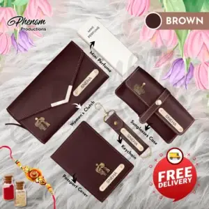 "Brown women's wallet hamper featuring a custom engraved clutch, passport cover, keychain, and sunglasses case Unboxing layout of the brown women's wallet hamper showcasing personalized leather accessories and mini perfume"