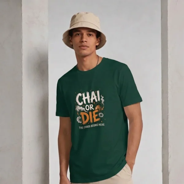 Man wearing a chai or die graphic t-shirt