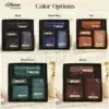 "Display of all color options for men's customised wallet gift hampers including black, tan, and green Men's leather gift set color variants featuring custom engraved wallets, passport covers, and accessories"