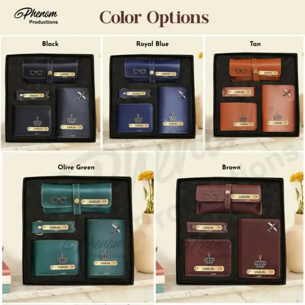 "Display of all color options for men's customised wallet gift hampers including black, tan, and green Men's leather gift set color variants featuring custom engraved wallets, passport covers, and accessories"