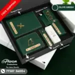 Green mens wallet hamper featuring a custom engraved wallet, passport cover, keychain, and sunglasses case Unboxing layout of the olive green mens wallet hamper showcasing personalized leather accessories and mini perfume
