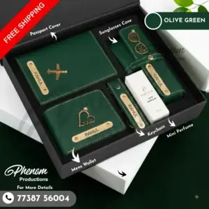 Green mens wallet hamper featuring a custom engraved wallet, passport cover, keychain, and sunglasses case Unboxing layout of the olive green mens wallet hamper showcasing personalized leather accessories and mini perfume