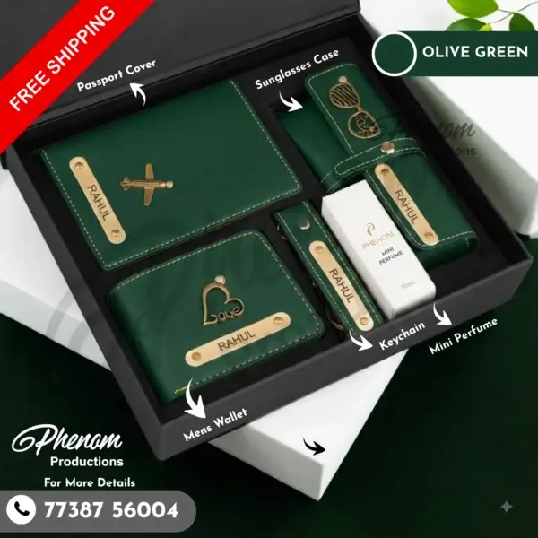 Green mens wallet hamper featuring a custom engraved wallet, passport cover, keychain, and sunglasses case Unboxing layout of the olive green mens wallet hamper showcasing personalized leather accessories and mini perfume