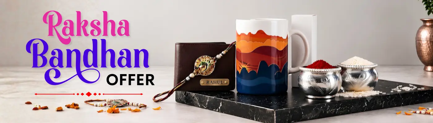 Raksha bandhan promotional banner featuring a personalized mug, wallet, and traditional silver bowls with rice and kumkum Festive flatlay showcasing a designer coffee mug, engraved leather wallet, and traditional rakhis