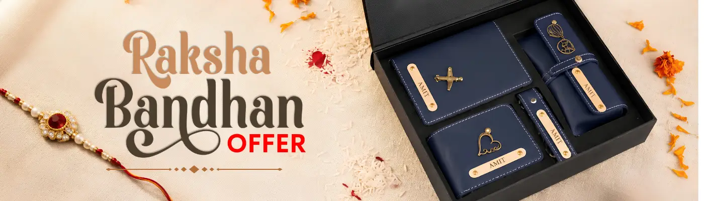 Raksha bandhan promotional banner featuring a blue personalized gift hamper set and a traditional rakhi Gift box layout showcasing customized wallet, passport cover, and keychain with festive decorations