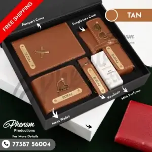 Tan men's wallet hamper featuring a custom engraved wallet, passport cover, keychain, and sunglasses case Unboxing layout of the tan men's wallet hamper showcasing personalized leather accessories and mini perfume