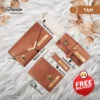 "Tan women's wallet hamper featuring a custom engraved clutch, passport cover, keychain, and sunglasses case Unboxing layout of the tan women's wallet hamper showcasing personalized leather accessories and mini perfume"