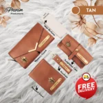 "Tan women's wallet hamper featuring a custom engraved clutch, passport cover, keychain, and sunglasses case Unboxing layout of the tan women's wallet hamper showcasing personalized leather accessories and mini perfume"