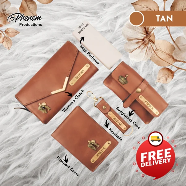 "Tan women's wallet hamper featuring a custom engraved clutch, passport cover, keychain, and sunglasses case Unboxing layout of the tan women's wallet hamper showcasing personalized leather accessories and mini perfume"