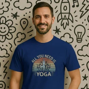 Close-up chest view of the all you need is yoga t shirt graphic print detail