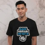 Man wearing a t-shirt featuring a pointing hand graphic and the text BADE HARAMI HO BETA