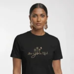 Close-up chest graphic detail of the be you tiful t-shirt featuring scripted typography and wildflower illustration