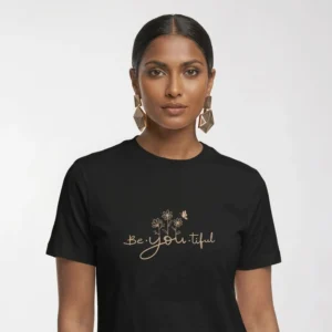 Close-up chest graphic detail of the be you tiful t-shirt featuring scripted typography and wildflower illustration