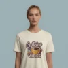Close-up chest view of the caffeine vibes t shirt vintage typographic and cup artwork