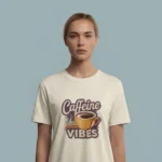 Close-up chest view of the caffeine vibes t shirt vintage typographic and cup artwork