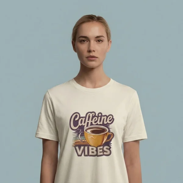 Close-up chest view of the caffeine vibes t shirt vintage typographic and cup artwork