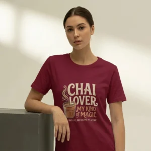 Close-up chest view of the chai lover my kind of magic t shirt steaming kulhad typography detail