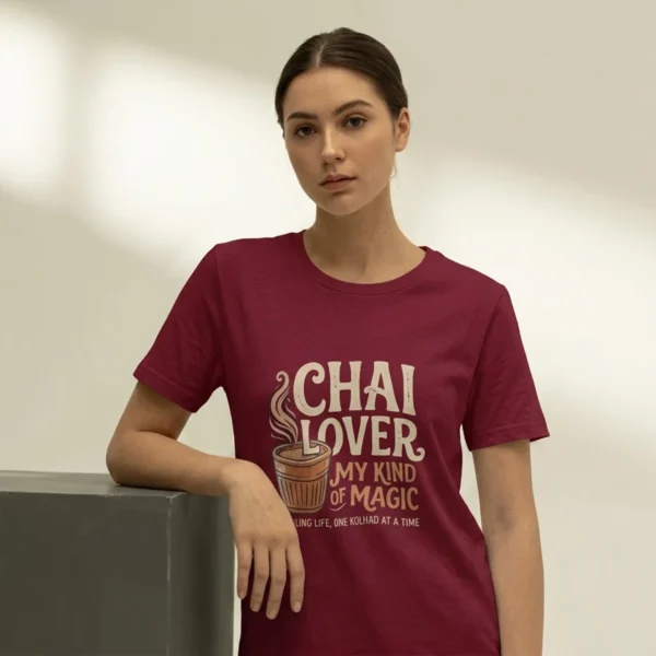 Close-up chest view of the chai lover my kind of magic t shirt steaming kulhad typography detail