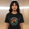 Close-up front chest graphic detail of the coffee is always a good idea t shirt typographic circle art