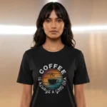 Close-up front chest graphic detail of the coffee is always a good idea t shirt typographic circle art