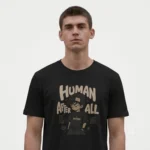 Close-up of an urban streetwear graphic tee design with an illustrated boy and bold typography