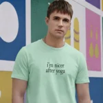 Close-up front view of the im nicer after yoga t shirt typographic chest print