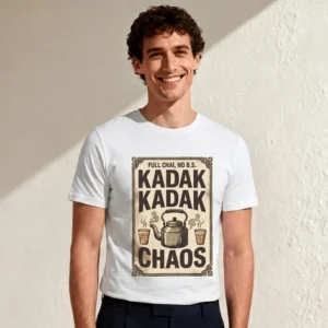 Man wearing a Kadak kadak chaos graphic t-shirt