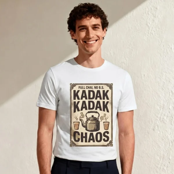 Man wearing a Kadak kadak chaos graphic t-shirt