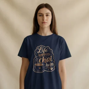 Close-up chest view of the life happens chai helps t shirt typographic cloud badge detail